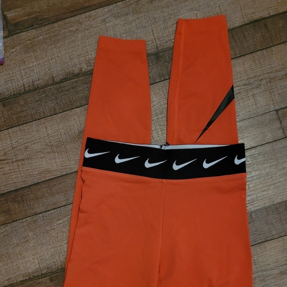 Nike Orange and Black Leggings with Swoosh Waistband Small